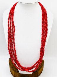 20' Round Red Sponge Coral Rhodium Over Sterling Silver Bead Strand Necklace