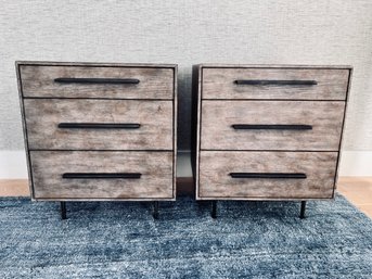 Pair Of Weathered Grey Nightstands With 3 Drawers On Metal Legs