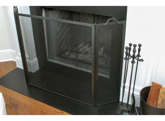 Black Iron Fireplace Set - Screen, Bucket And Tools