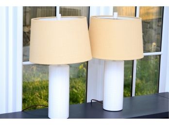 Pair Of Textured White Lamps With Jute Shades