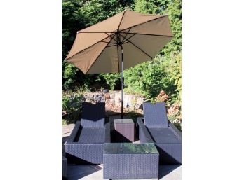 Pair Of Brown All Weather Resin Wicker Lounge Chairs With Cube Side Table &Umbrella & Base And Coffee Table
