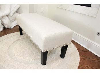 Sand Fabric Bench With Chrome Nailhead Detail With Black Wood Legs