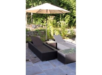 Pair Of Brown All Weather Resin Wicker Lounge Chairs With Cube Side Table And Umbrella With Base
