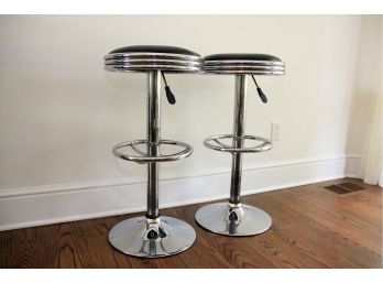 Pair Of Vintage Style Counter Height Bar Stools - Chrome With Black Vinyl