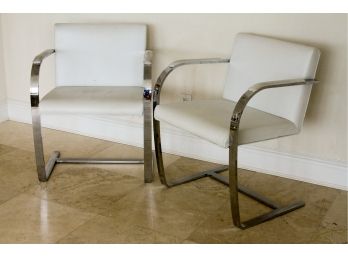 Pair Of Modern White Leather And Chrome Side Chairs