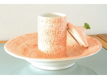 Set Of Peach Color Ceramic Bowl And Covered Jar