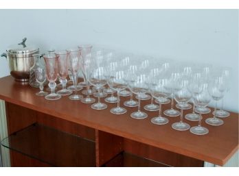 Lot Of Unsigned Wine Glasses, Flutes, Decanters And Ice Bucket