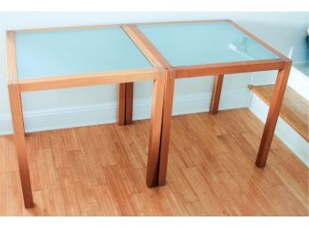 Pair Of Blonde Wood Tables With Frosted Glass