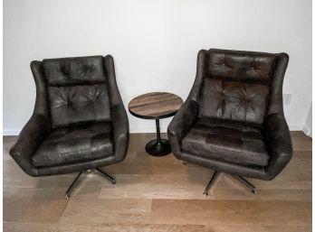 Pair Of Restoration Hardware Motorcity Leather Swivel Chairs - Chrome Base - Truffle