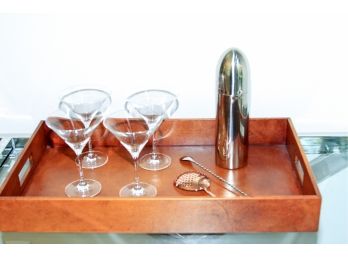 Bar Set: Leather Tray, 4 Martini Glasses, Cocktail Shaker And Spoons
