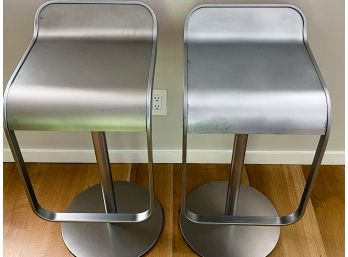 Pair Of Adjustable La Plama Lem Metal Stools On Round Base With Gas Lift - Made In Italy