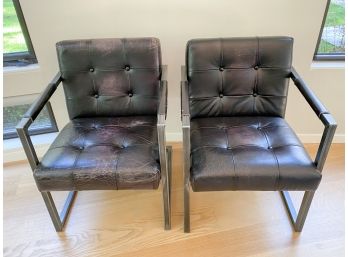 Pair Of Black Distressed Leather Button Tufted Chairs With Metal Frame By Eicholtz