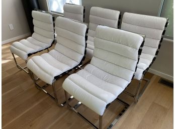 6 Restoration Hardware Oviedo Chrome And Leather Strap Dining Chairs With White Fabric Cushions
