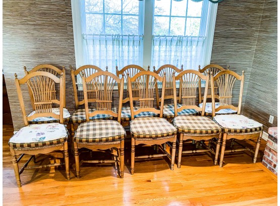 Set Of 10 Hildreths Wood Side Chairs With Rush Seats, Sheaf Backs And Custom Fabric Cushions