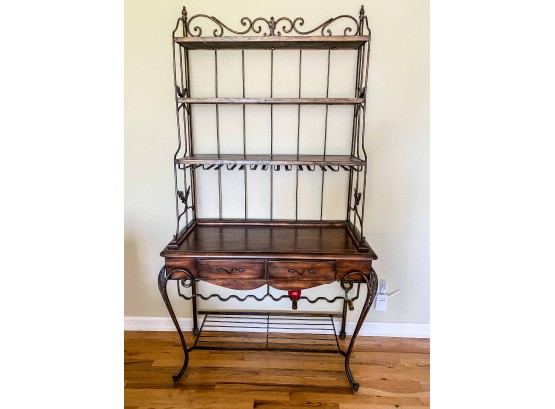 Baker's Rack - Dark Wood And Wrought Iron With Wine Rack