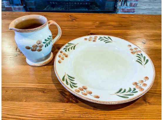 William Sonoma Painted Pottery Serving Plate And Matching Vase