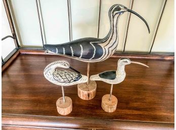 Set Of 3 Carved And Painted Birds On Stands