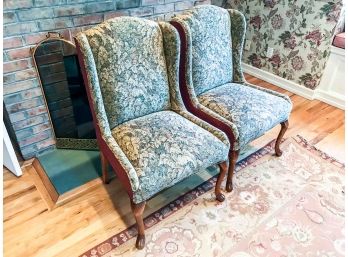 Pair Of Tapestry Fabric Chairs With Wooden Legs - Maroon Contrast Fabric On Back