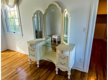Cream Wood With Marble Makeup Vanity With Mirror And Stool