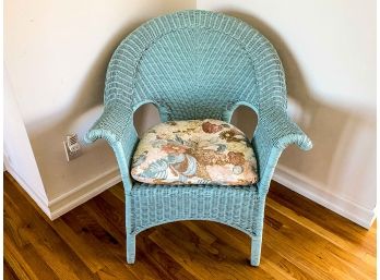Painted Robin's Egg Blue Wicker Arm Chair With Floral Cushion
