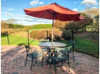 Black Wrought Patio Table And 4 Green Patio Chairs - This Is Not A Matching Set - Includes Orange Umbrella