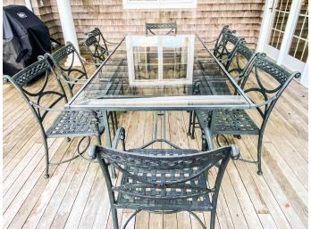 Brown Jordan Rectangular Wrought Iron Table With Glass Top And 10 Chairs