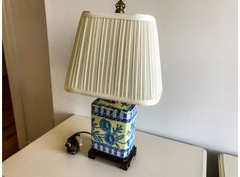 Asian Blue And Yellow Table Lamp On Wood Stand
