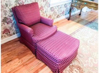 Maroon And Cream Fabric Armchair With Ottoman