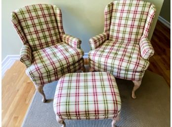 Pair Of Green, Cream And Red Plaid Armchairs With 1 Ottoman