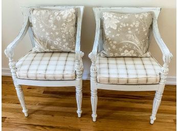 Pair Of Painted White Wood (distressed) Chairs With Cushions And Cane Seats