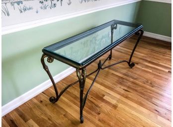Iron And Glass Console Table With Faux Copper Patina