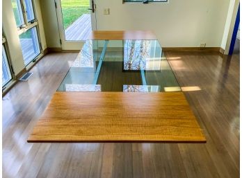 Modern Blonde Wood, Glass And Metal Dining Table With 2 Wood Leaves