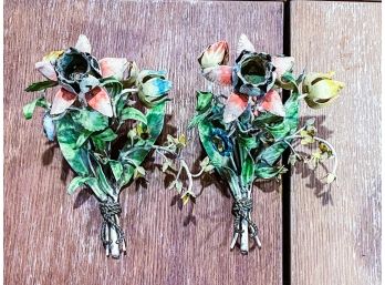 Pair Of Vintage Tole Painted Candleholders - Tulip Bouquet