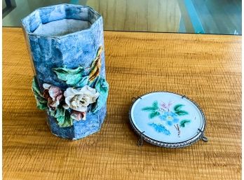 FMC Floral Pottery Vase With 8 Sides And Flower Dish On Hanger