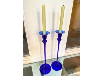 Pait Of Cobalt Blue Glass Candlesticks