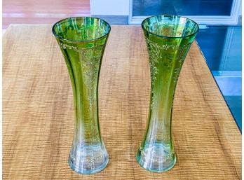 Pair Of Delicate Clear Green Vases With Gold Accents