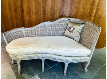 Antique Settee With Double Cane Back With Down Cushion And Silk Fabric - Carved Wood Legs