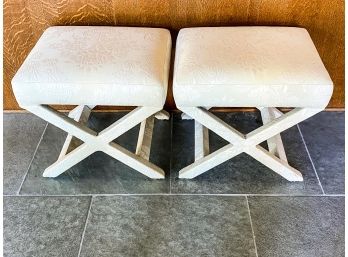 Pair Of X-base Stools In Cream Damask Fabric