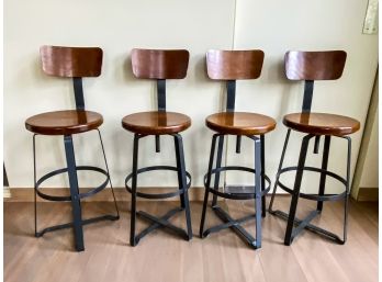 Set Of 4 West Elm Industrial Style Wood And Metal Stools - Counter Height Swivel Adjustable To Bar Height