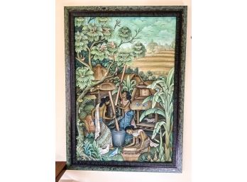 Signed Balinese Oil On Canvas - Green With Mulitcolor