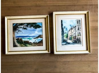 Pair Of Framed Watercolors On Paper  - Cream Wood And Gold Frames
