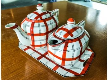Vintage TT Takito Japan Handpainted Plaid Orange, Black And White Plaid Tea Pots With Resting Plate