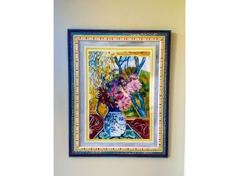 Large Multicolor Still Life Floral Oil On Canvas With Painted Frame - Unsigned