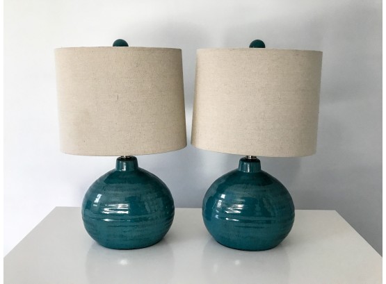 Pair Of Blue Ceramic Lamps With Sand Fabric Shades