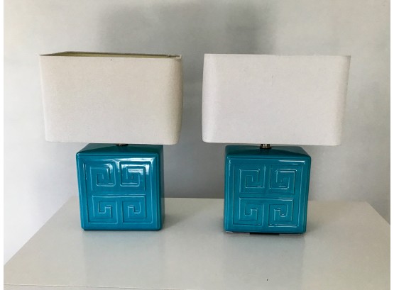 Pair Of Turquoise Ceramic Square Greek Key Lamps With White Shades