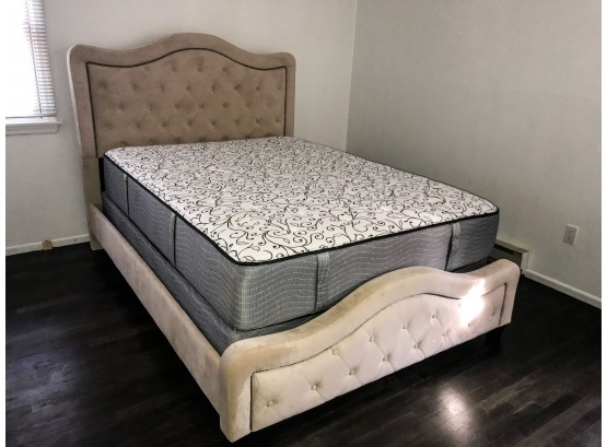 Sand Colored Full Sized Fabric Button Tufted Bed With Nail Head Detail