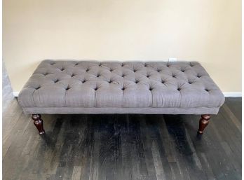 Grey Fabric Button Tuft Bench With Dark Wood Legs