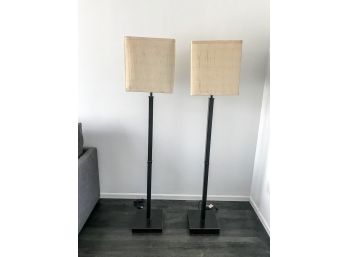 Pair Of Black Metal Standing Lamps With Square Shades