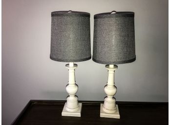 Pair Of Cream Wood Lamps With Grey Shades