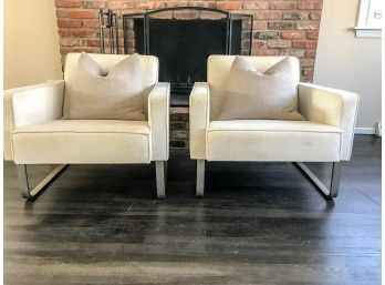 Pair Of Gusmodern Armchairs - Cream Fabric With Metal Legs